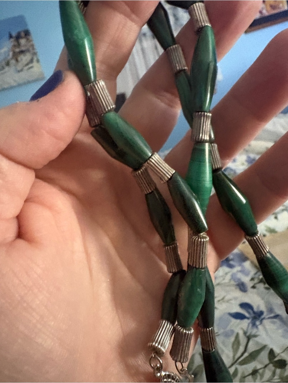 Green Bead Necklace with Silver Accents - Women's Fashion Jewelry